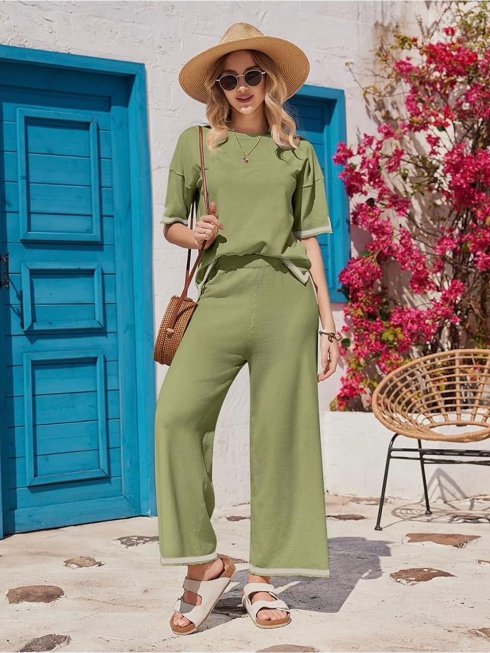 Ekouaer Lounge Set Travel 2 Piece Set Loungewear Sweater Top Wide Leg Pants 2XL